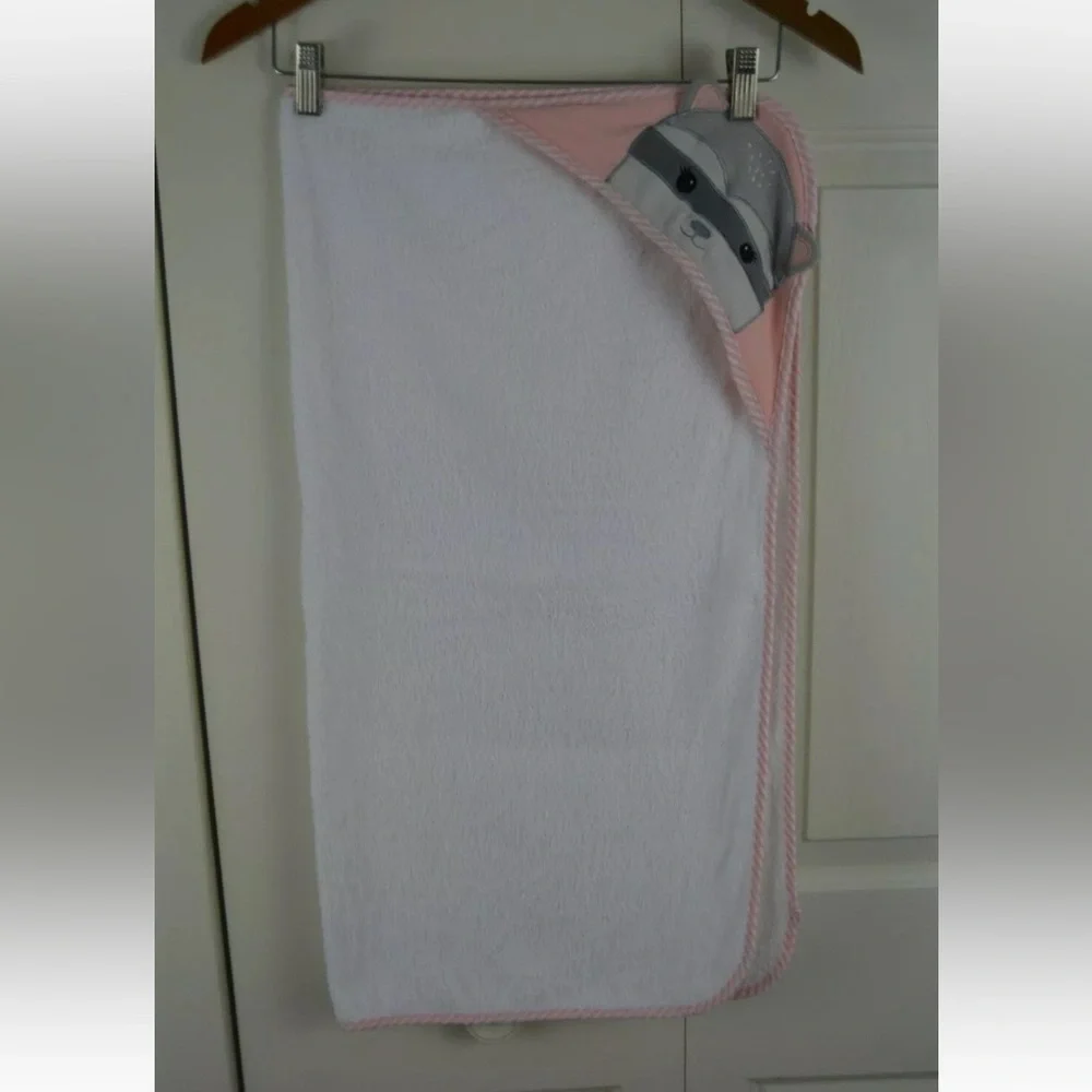 Modern Baby Raccoon Hooded Baby Bath Towel Pink White Stripes Gray Terry Cloth